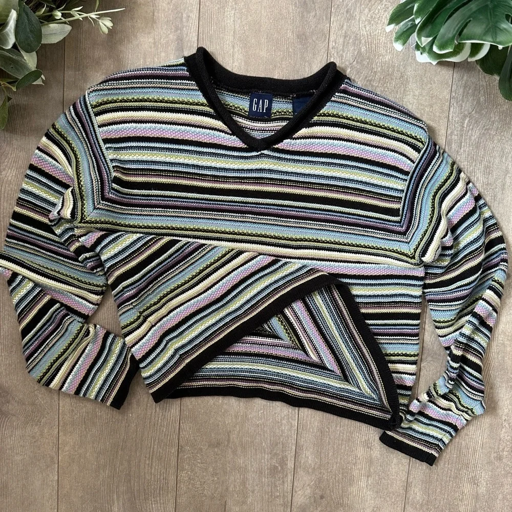 Vintage 90s GAP Girls Striped Heavy Cotton Sweater Size Medium